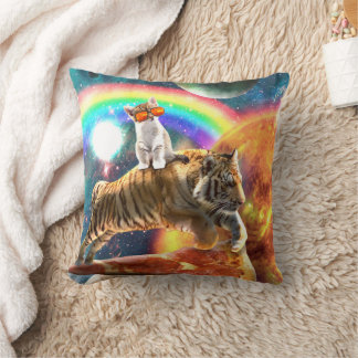 Space Galaxy Cat Riding Tiger on Pizza Cushion