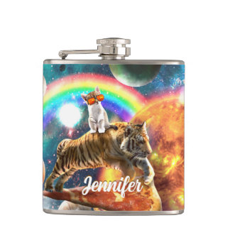 Space Galaxy Cat Riding Tiger on Pizza Hip Flask