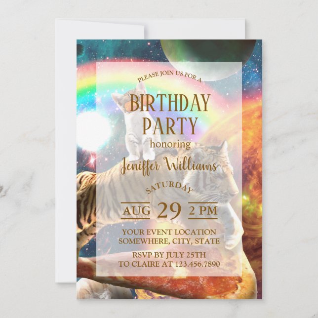 Space Galaxy Cat Riding Tiger on Pizza             Invitation (Front)