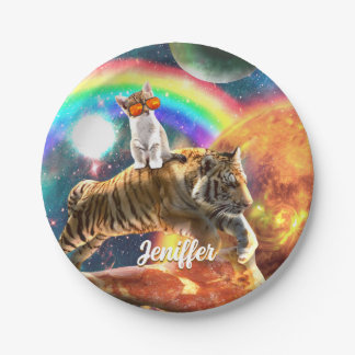 Space Galaxy Cat Riding Tiger on Pizza Paper Plate