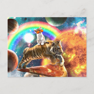 Space Galaxy Cat Riding Tiger on Pizza Postcard