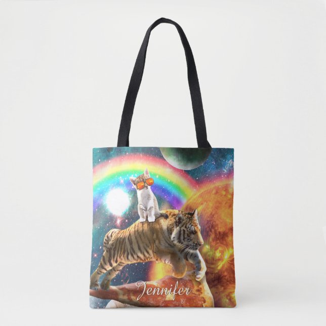 Space Galaxy Cat Riding Tiger on Pizza             Tote Bag (Front)