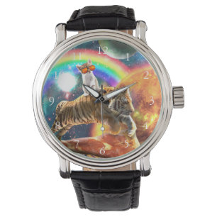 Space Galaxy Cat Riding Tiger on Pizza Watch