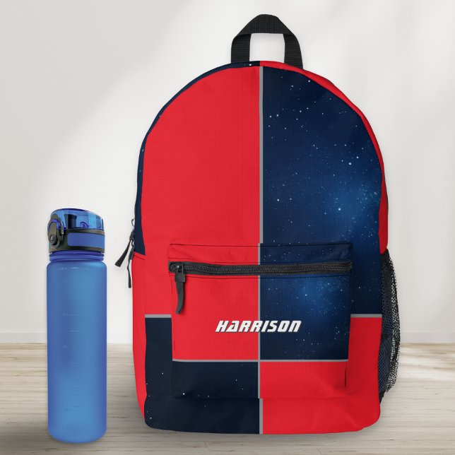 Space Galaxy Geometric Red Navy Blue Personalised Printed Backpack (A stylish personalized backpack with space themed design of block color red and navy blue night sky)