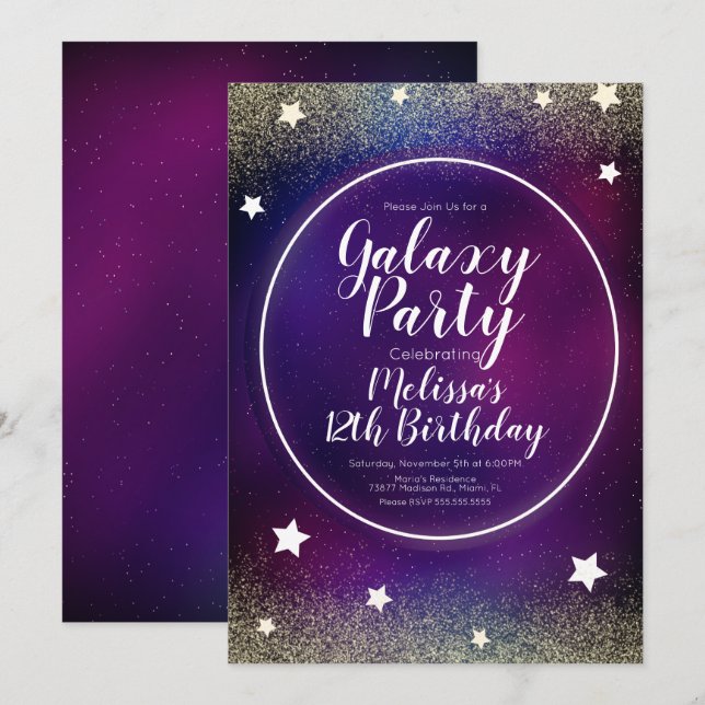 Space Galaxy Nebula Glitter Moon Birthday Purple Invitation (Front/Back)