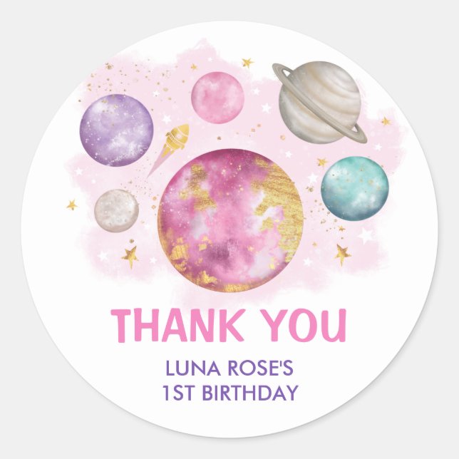 Space Galaxy Planets Moon Stars Baby Girl Birthday Classic Round Sticker (Front)
