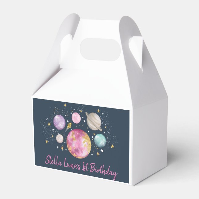 Space Galaxy Planets Moon Stars Navy Pink Gold Favour Box (Front Side)