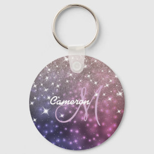 Space Galaxy Rose Gold Glitter Sparkly Monogram Key Ring