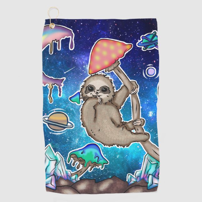 Space Galaxy Sloth Cosmic Mushrooms Weird Crystal Golf Towel (Front)