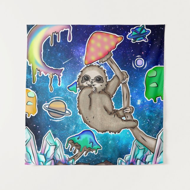 Space Galaxy Sloth Cosmic Mushrooms Weird Crystal Tapestry (Front)