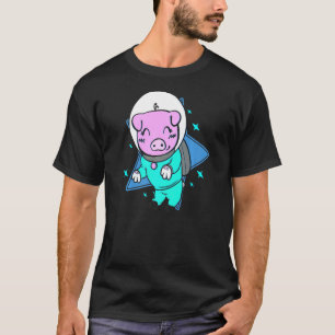 Space Galaxy Stars Flying Piggy Spaceship Pink Smi T-Shirt