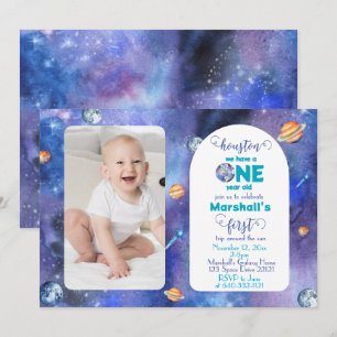 Space Galaxy Watercolor First Birthday Photo Invitation