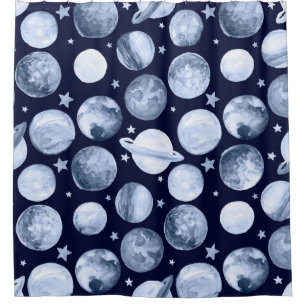 Space Galaxy: Watercolor Planetary Illustration Shower Curtain