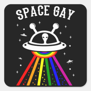 SPACE GAY LGBT Pride Month Alien UFO Rainbow Flag Square Sticker
