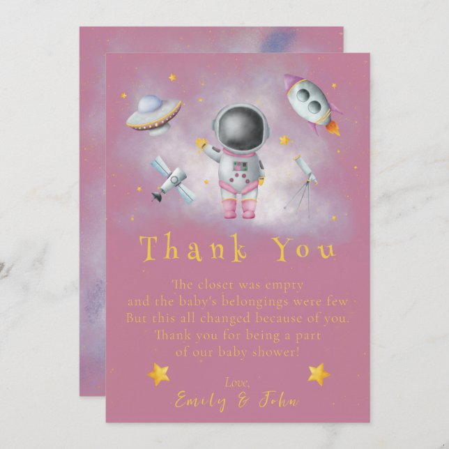 Space girl Astronaut pink rocket star Thank You In Invitation (Front/Back)
