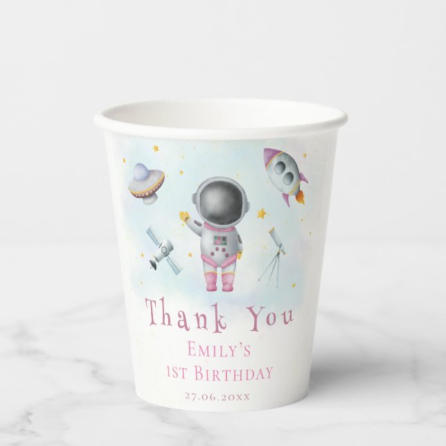 Space girl Astronaut pink rocket stars Baby Shower Paper Cups (Front)