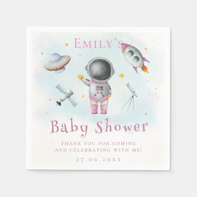 Space girl Astronaut pink rockets star Baby Shower Napkin (Front)