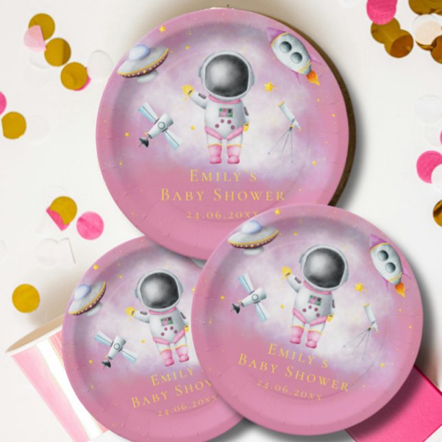 Space girl Astronaut rockets ufo stars Baby Shower Paper Plate (Creator Uploaded)