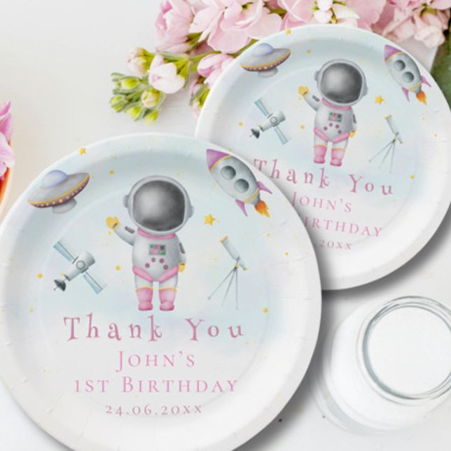 Space girl Astronaut rockets ufo stars Birthday Paper Plate (Creator Uploaded)