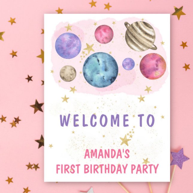 Space Girl Birthday Pink Planets Welcome Party Poster (Creator Uploaded)