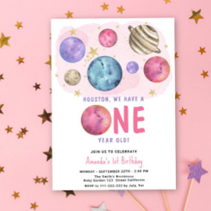 Space Girl First Birthday Moon Star Party Invitation