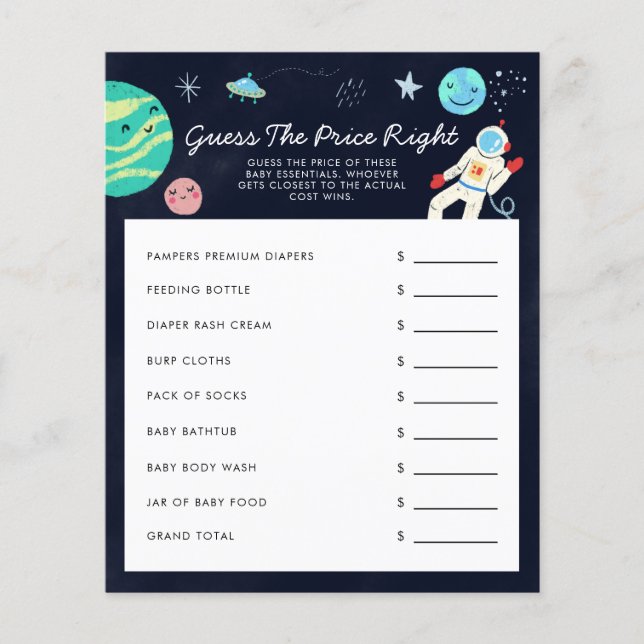 Space Guess The Price Right Baby Shower Game (Front)