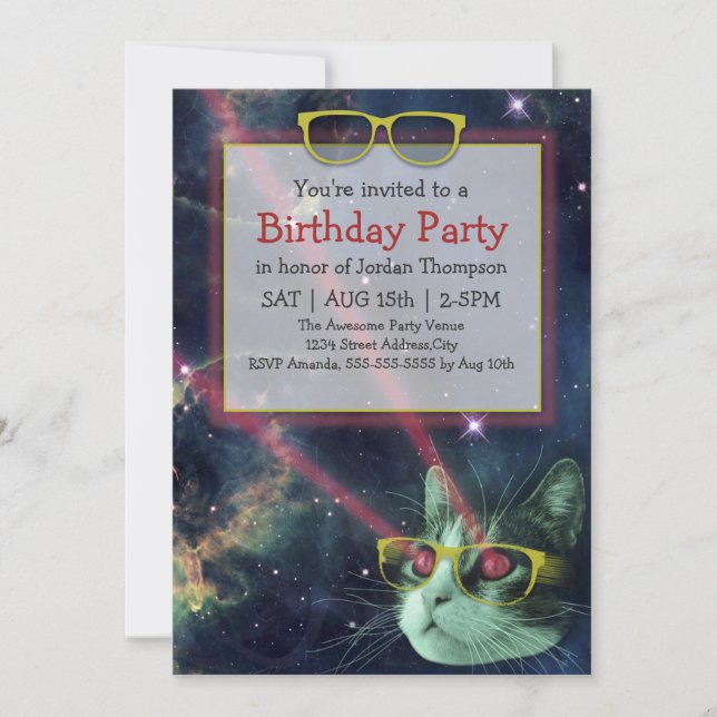 Space Hipster Cat Birthday Invitation (Front)