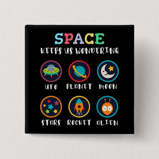 Space keeps us wondering 15 cm square badge (Front)