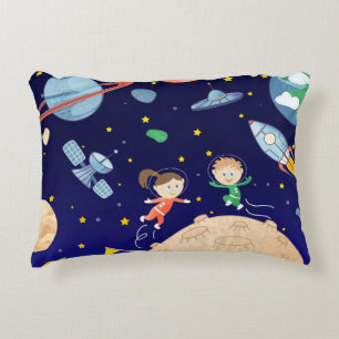 Space kids moon landing spaceship satellite stars  decorative cushion