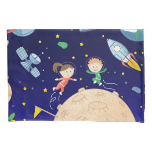 Space kids moon landing spaceship satellite stars pillowcase