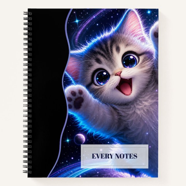 Space Kitten with Raised Paws – Cosmic Fun Notebook (Front)