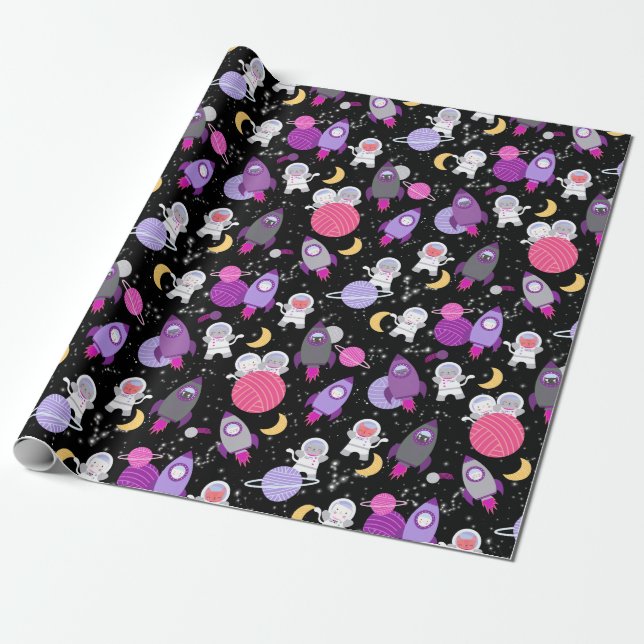 Space Kittens Cat Astronaut Girls Purple Birthday Wrapping Paper (Unrolled)