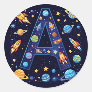 🚀 Space Letter A Rockets Planets Stars Kids 🚀 Classic Round Sticker