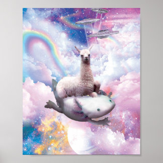 Space Llama Riding Axolotl - Rainbow Poster