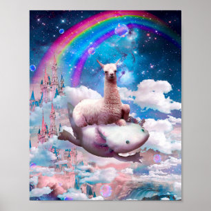 Space Llama Riding Axolotl - Rainbow Poster