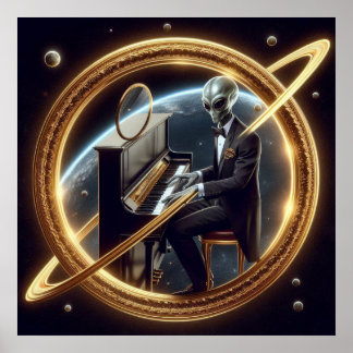 Space Male Alien Playing Piano Black Tuxedo Poster