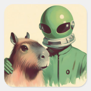 Space Man and Capybara Retro Illustration Vintage Square Sticker