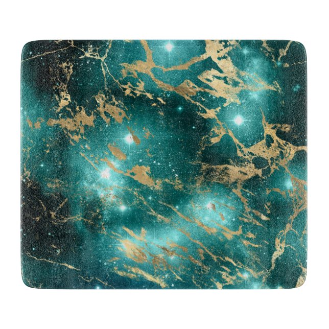Space Marble Black Green Starry Night Golden Cutting Board (Front)
