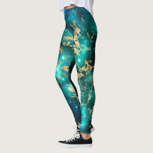 Space Marble Black Green Starry Night Golden Leggings