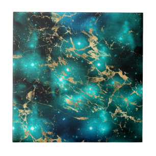 Space Marble Black Green Starry Night Golden Tile