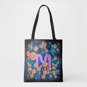 Space Mimosa Golden Nebula Blossom & Monogram Tote Bag
