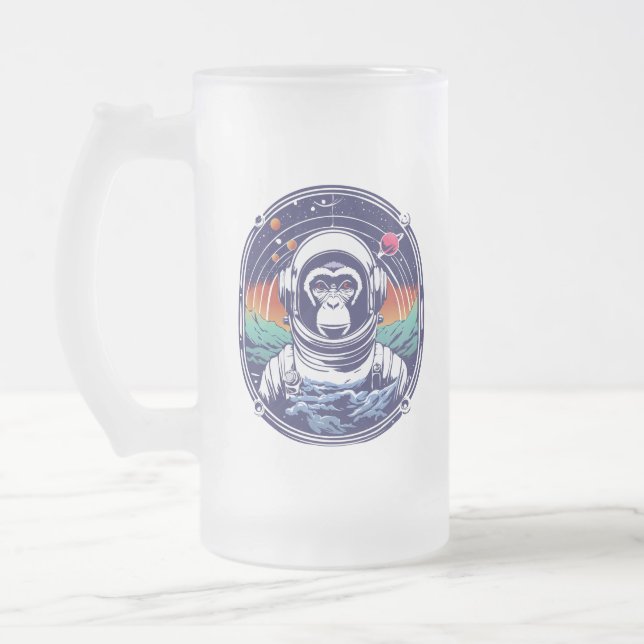 Space Monkey Astronaut Frosted Glass Beer Mug (Left)