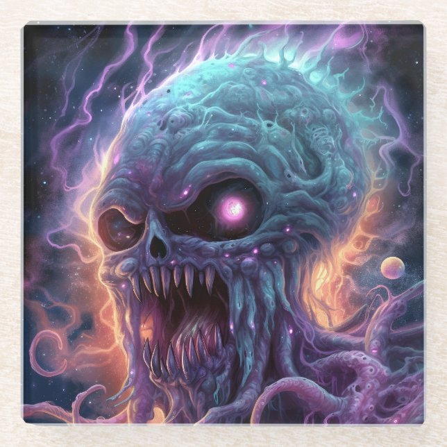 Space Monster Horror Art Glass Coaster (Front)