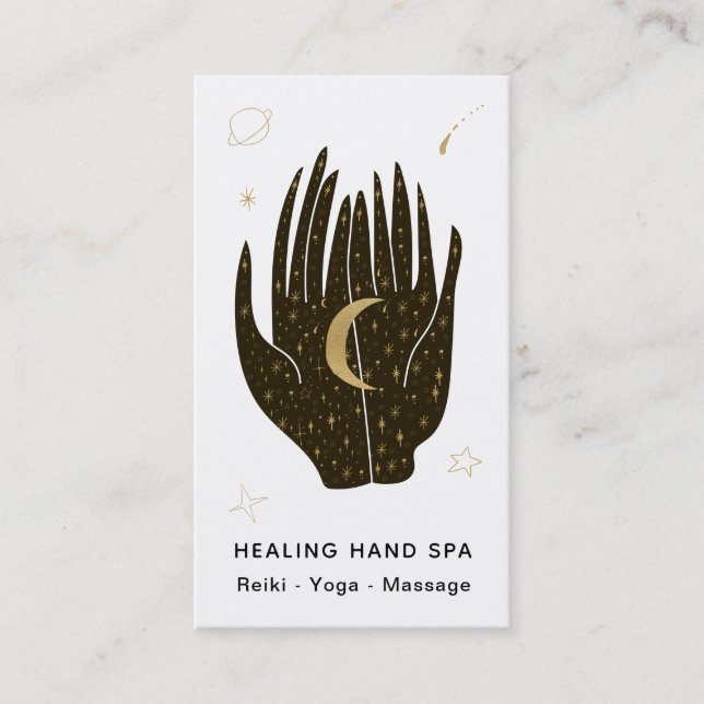*~* Space Moon Stars Celestial Gold Healing Hands Business Card (Front)