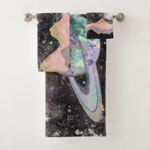 Space Mountains Gold Starry Sky Galaxy Planets Bath Towel Set