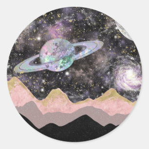 Space Mountains Gold Starry Sky Galaxy Planets Classic Round Sticker