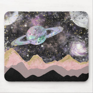 Space Mountains Gold Starry Sky Galaxy Planets Mouse Mat
