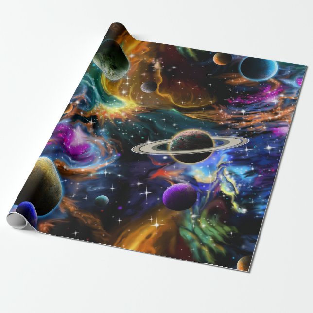 Space Nebula and Planets Wrapping Paper (Unrolled)