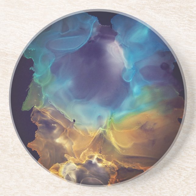 Space Nebula blue yellow Alcohol ink art Coaster (Front)