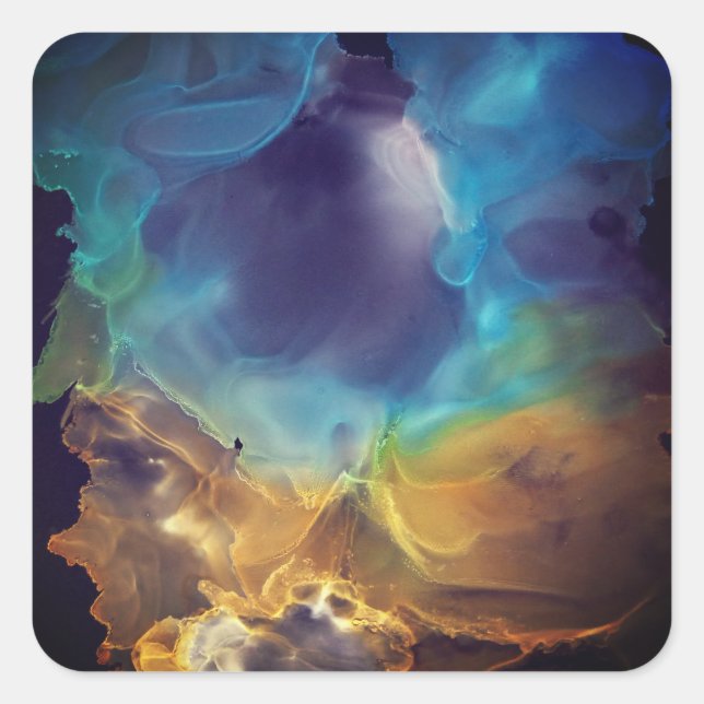 Space Nebula blue yellow Alcohol ink art  Glass Square Sticker (Front)